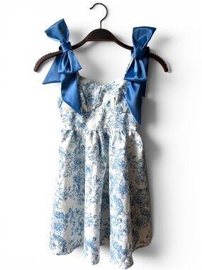 SHEIN Girls Size 8 Blue Toile Bow Dress Coquette Cottagecore Party Dress